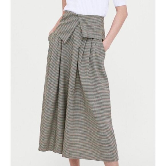 ZARA Woman Sz M Plaid Culottes Skirt Pants Midi Wide Leg High Waist Houndstooth - Picture 1 of 6